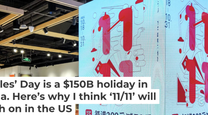 An advertisement for a Singles’ Day promotion is seen at Yitiao store in Shanghai. Wang Gang/Costfoto/Future Publishing via Getty Images